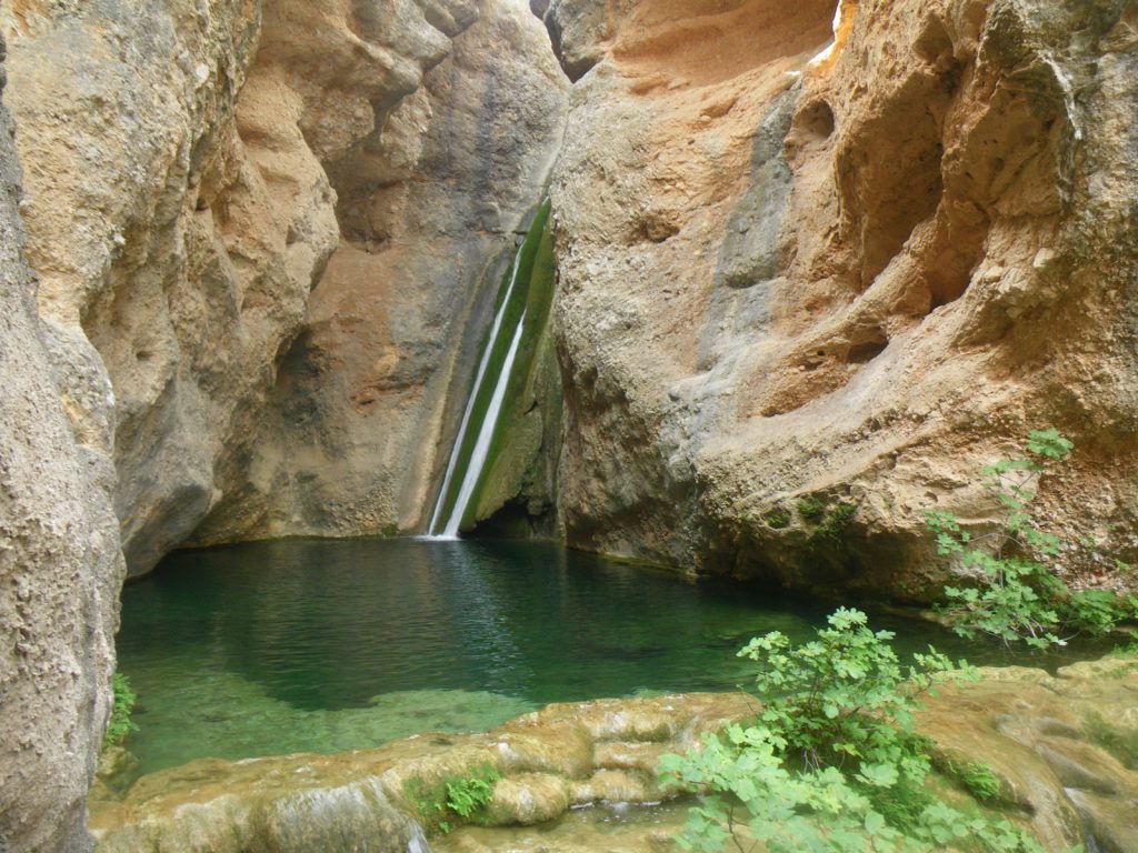 Narrow canyon with a slim waterfall spilling into a green pool surrounded by rugged, beige rock walls.