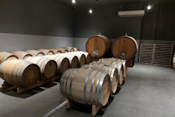 Wine aging room with wooden oak barrels on racks and stands in a dimly lit cellar.